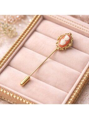 Vintage Gold-Tone Cameo Stick Pin With Ornate Frame & Pearl Accents Elegant Vict